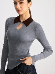Contrast Collar Wool Blend Ribbed Knit Top