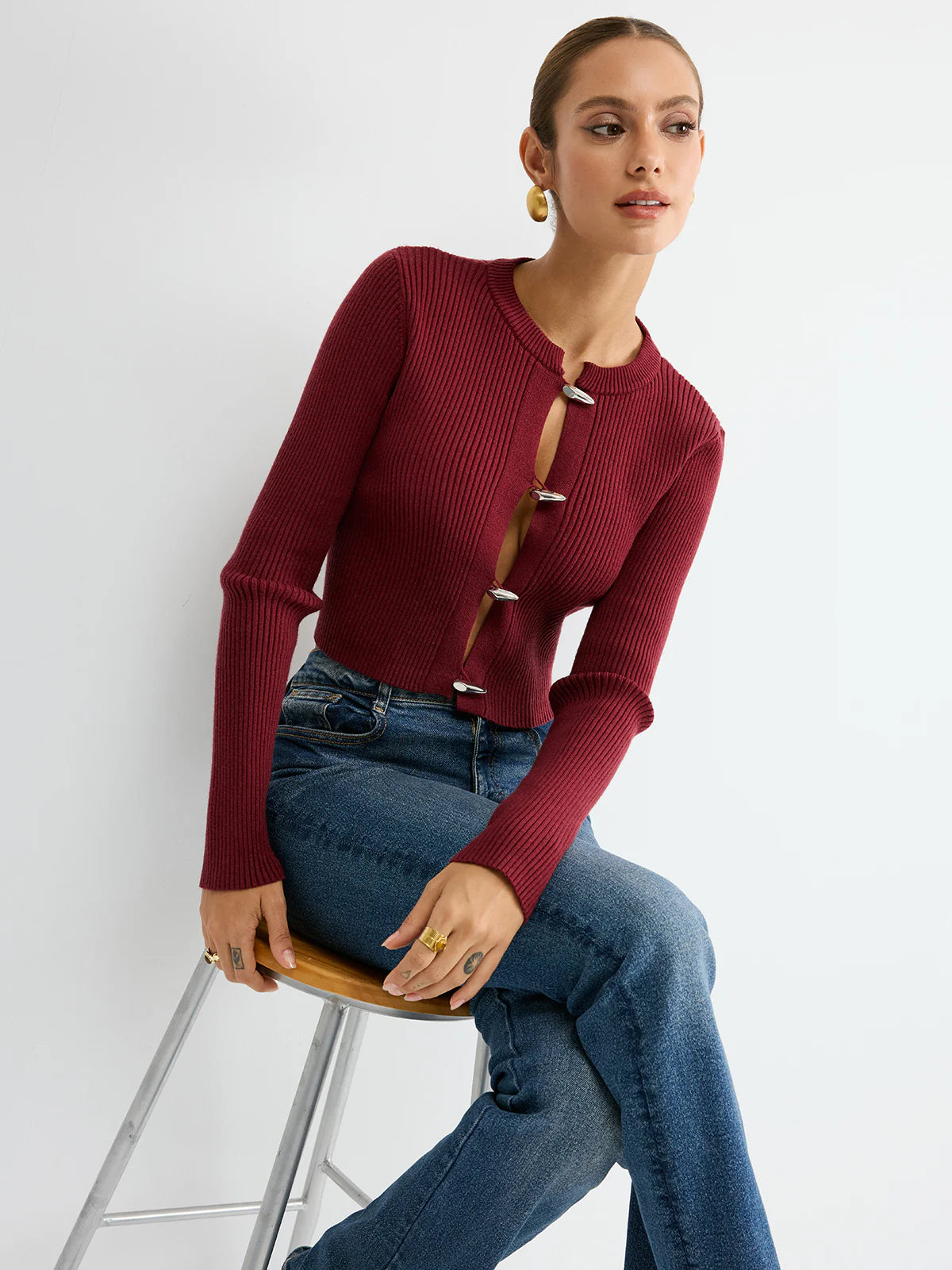 Metal Button Ribbed Fitted Sweater