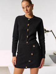 Metal Button Cardigan and Asymmetric Skirt Set