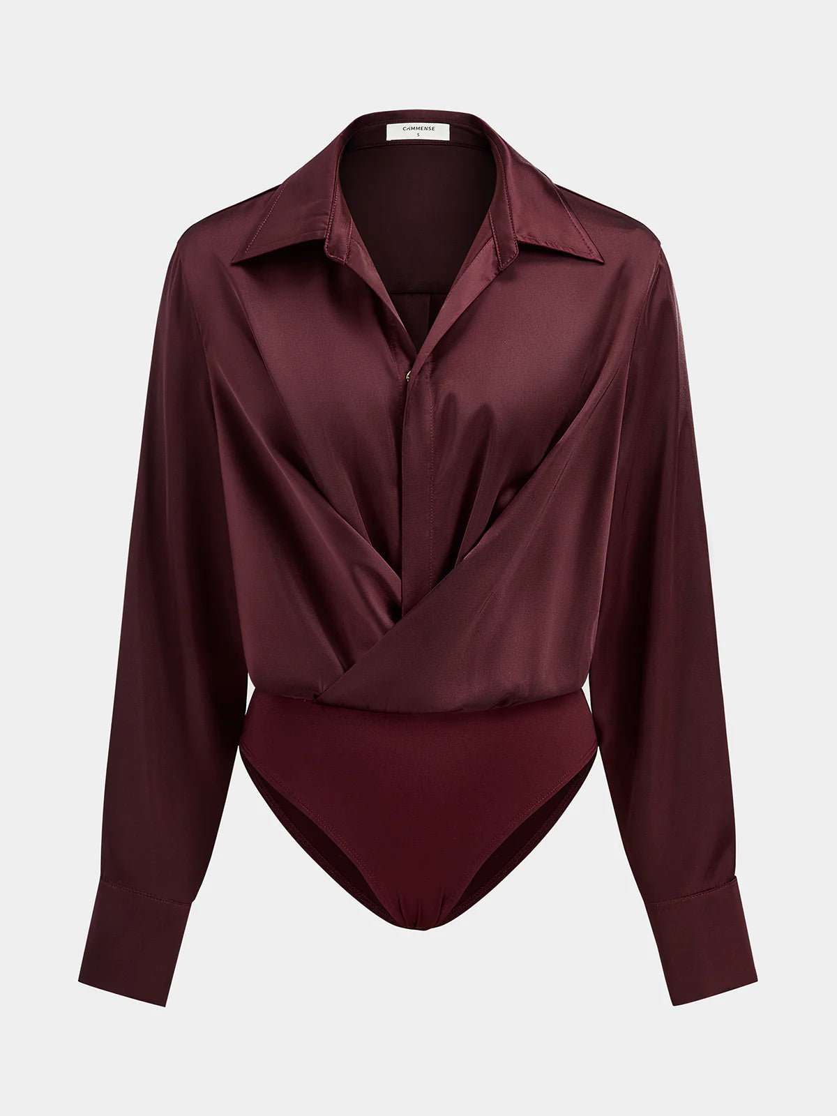 Collared Draped Satin Long Sleeve Bodysuit