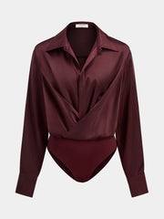 Collared Draped Satin Long Sleeve Bodysuit