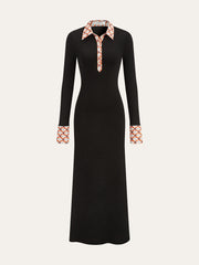 Print Trim Shirt Collar Maxi Dress