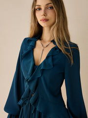 Chiffon Ruffled Long-Sleeve Top and Shorts Set