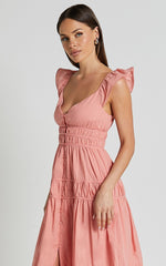 Addi Midi Dress - Button Front Plunge Neck Short Flutter Sleeve Tiered in Peach Fuzz