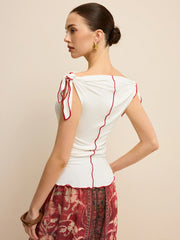 Off-Shoulder Contrast Trim Knotted Top