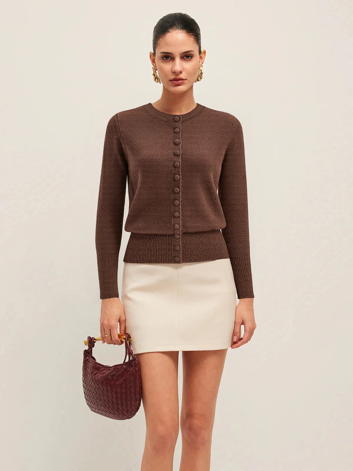 Crew Neck Button-Front Knit Cardigan