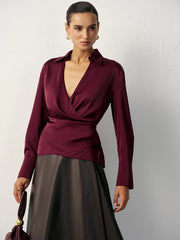 Wrap V-Neck Satin Shirt
