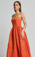 Gabriella Midi Dress - Strappy Gathered Skirt Embroidered Dress in Orange