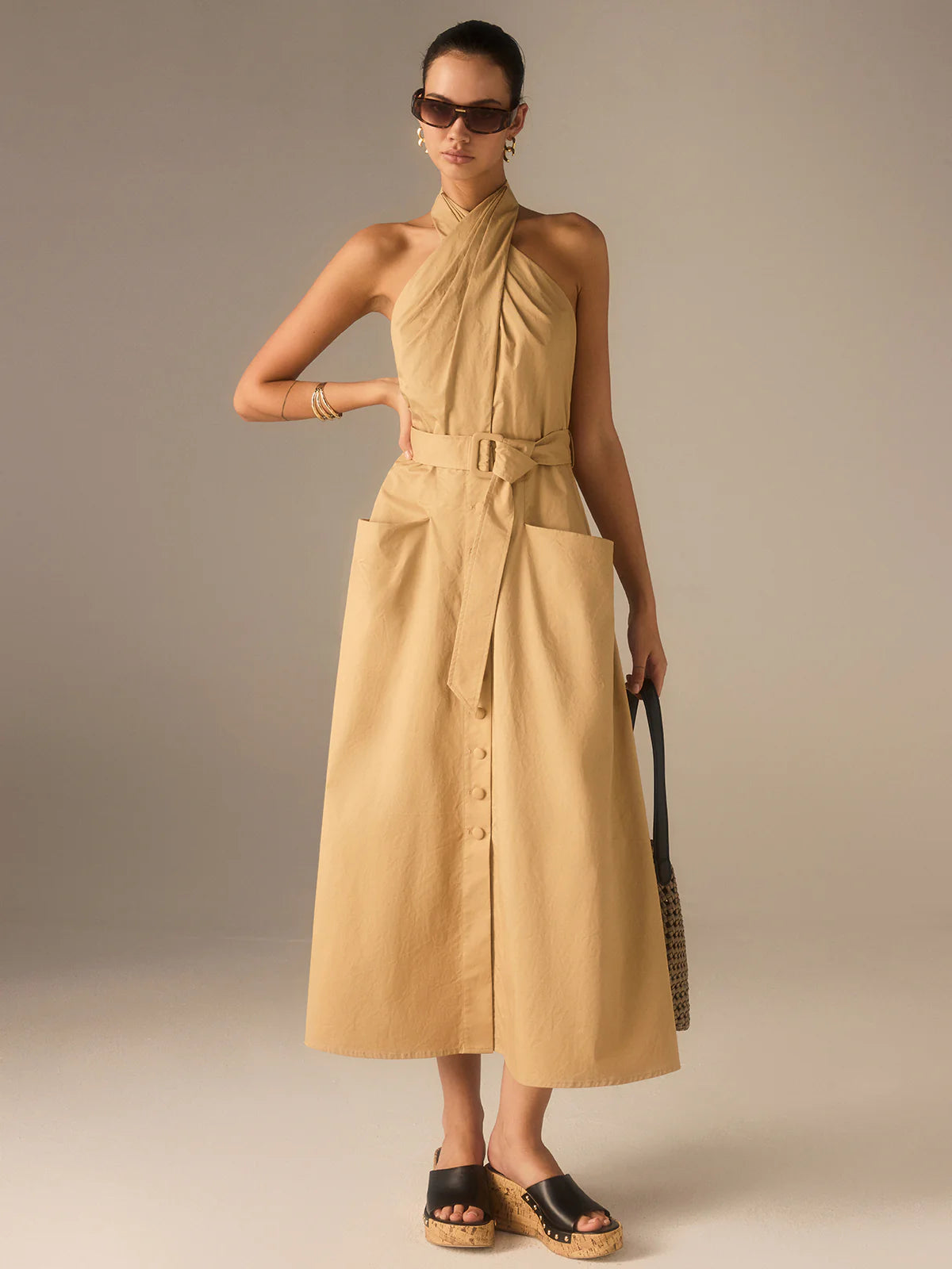 Cotton Pleated Halter Neck Belted Midi Dress