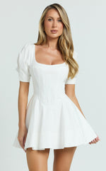 Emma Mini Dress - Scoop Neck Sleeved Corset Drop Waist Circular Skirt Dress in Off White