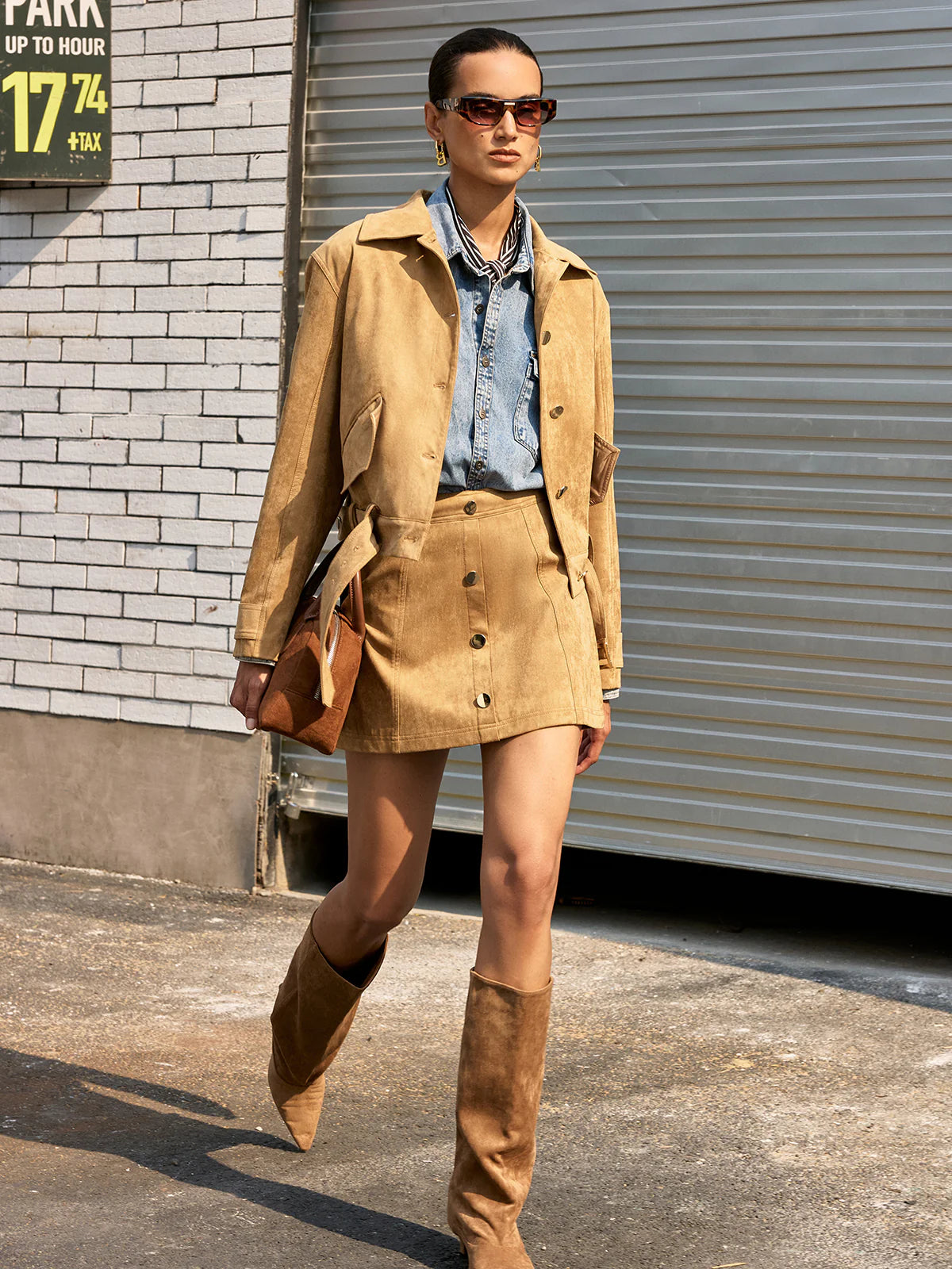 Belted Collared Suede Effect Jacket