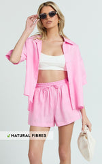 Ramona Top - Linen Short Sleeve Shirt in Pink