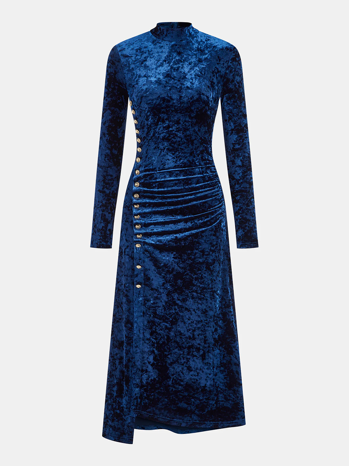 Metal Button Ruched Velvet Maxi Dress