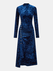Metal Button Ruched Velvet Maxi Dress