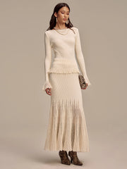 Ribbed Knit Mesh Ruffled Hem Bell Sleeve Top