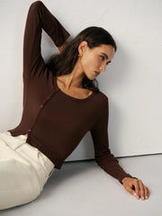 Asymmetric Button Detail Ribbed T-Shirt