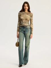 Tie Dye Print Off-shoulder Long Sleeve Top