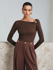 Metal Detail Asymmetric Neckline Bodysuit