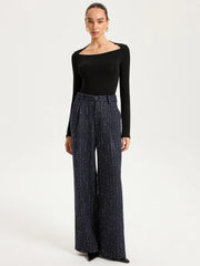 Mid-Waist Tweed Sequin Wide-Leg Pants