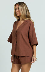 Saina Two Piece Set - Button Through Shirt and Drawstring Shorts Set in Chocolate