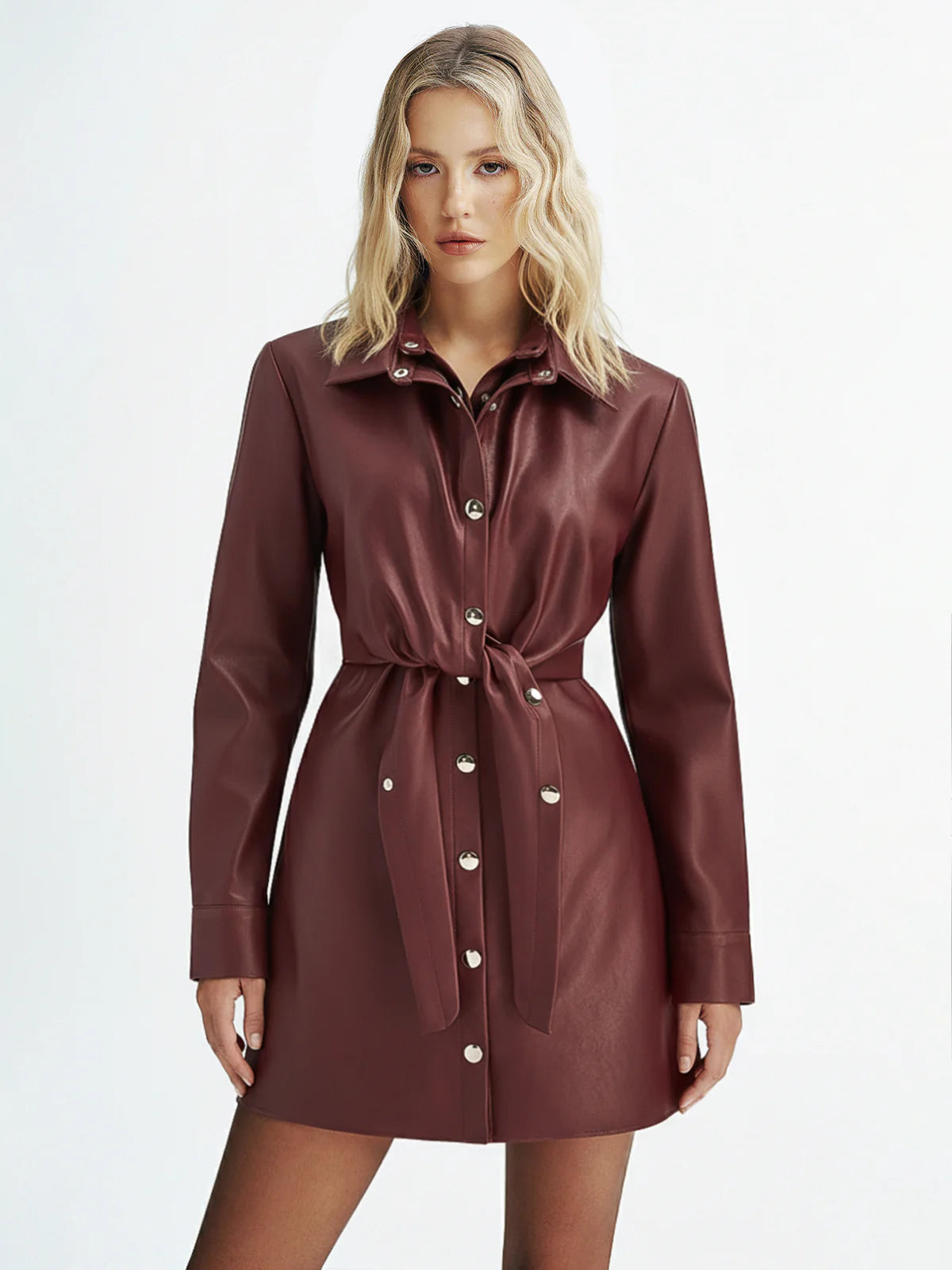 Double-Collar PU Leather Shirt Dress