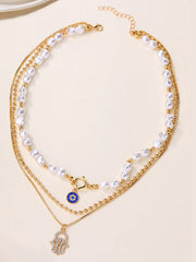 Pearl & Hamsa Hand Multi-Layer Necklace Set