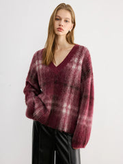 Plaid V-Neck Wool-Blend Sweater