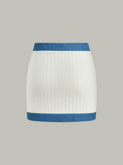 Denim-Trimmed Knit Mini Skirt with Metal Button
