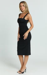 Tiffy Midi Dress - Square Neck Ruched Bodycon Dress in Black