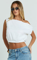 Collins Linen Top - Draped Asymmetrical Neckline Top in White