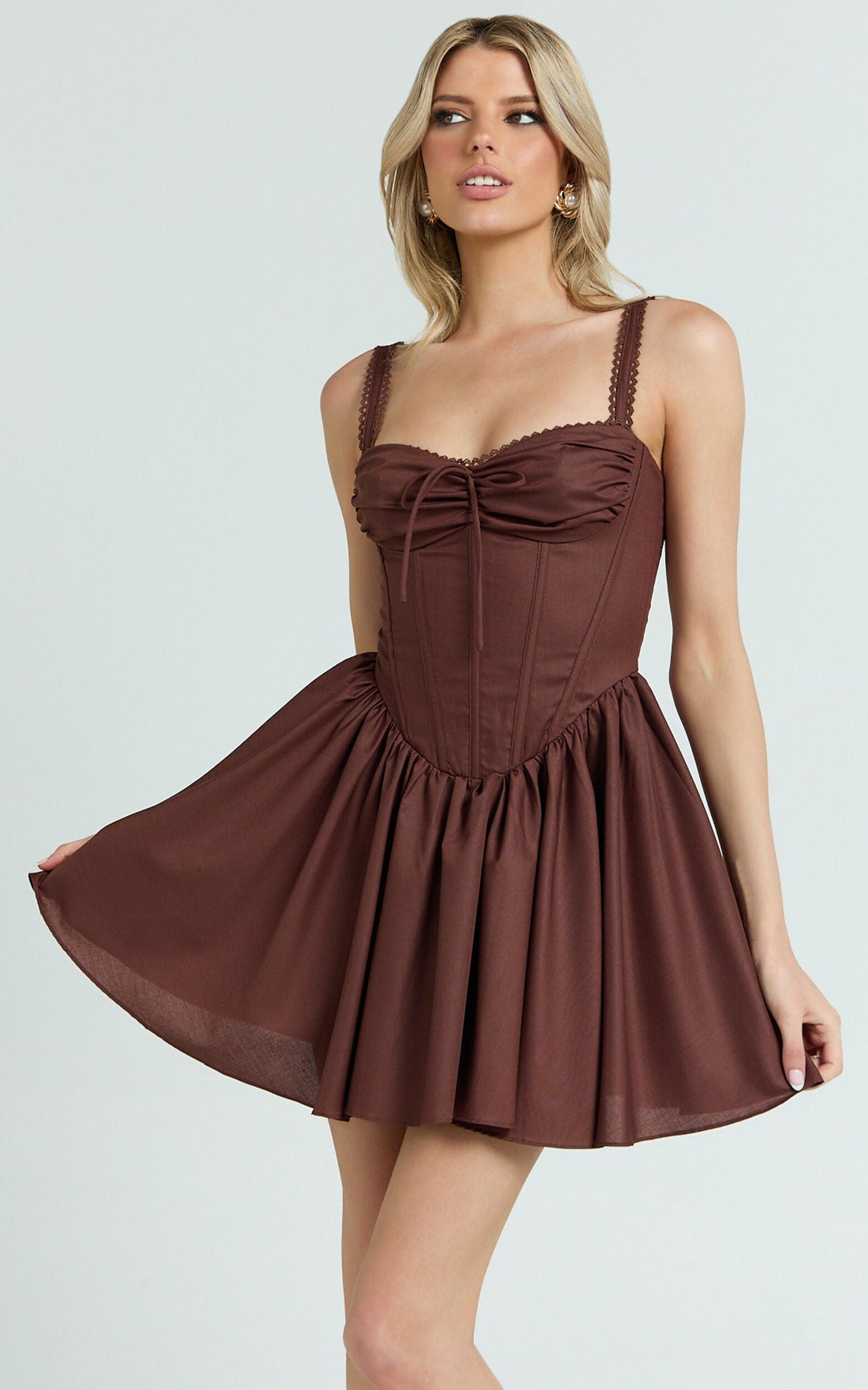 Jonas Mini Dress - Corset Ruched Lace Trim Dress in Chocolate