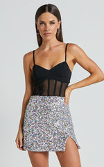 Cheryth Bodysuit - V Neck Strappy Sheer Corset Bodysuit in Black