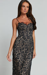Makenzie Midi Dress - Strappy Corset Lace Slip Dress in Black