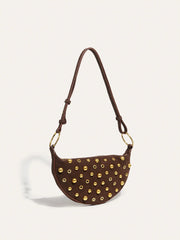 Suede Effect Studded Half-Moon Shoulder Bag