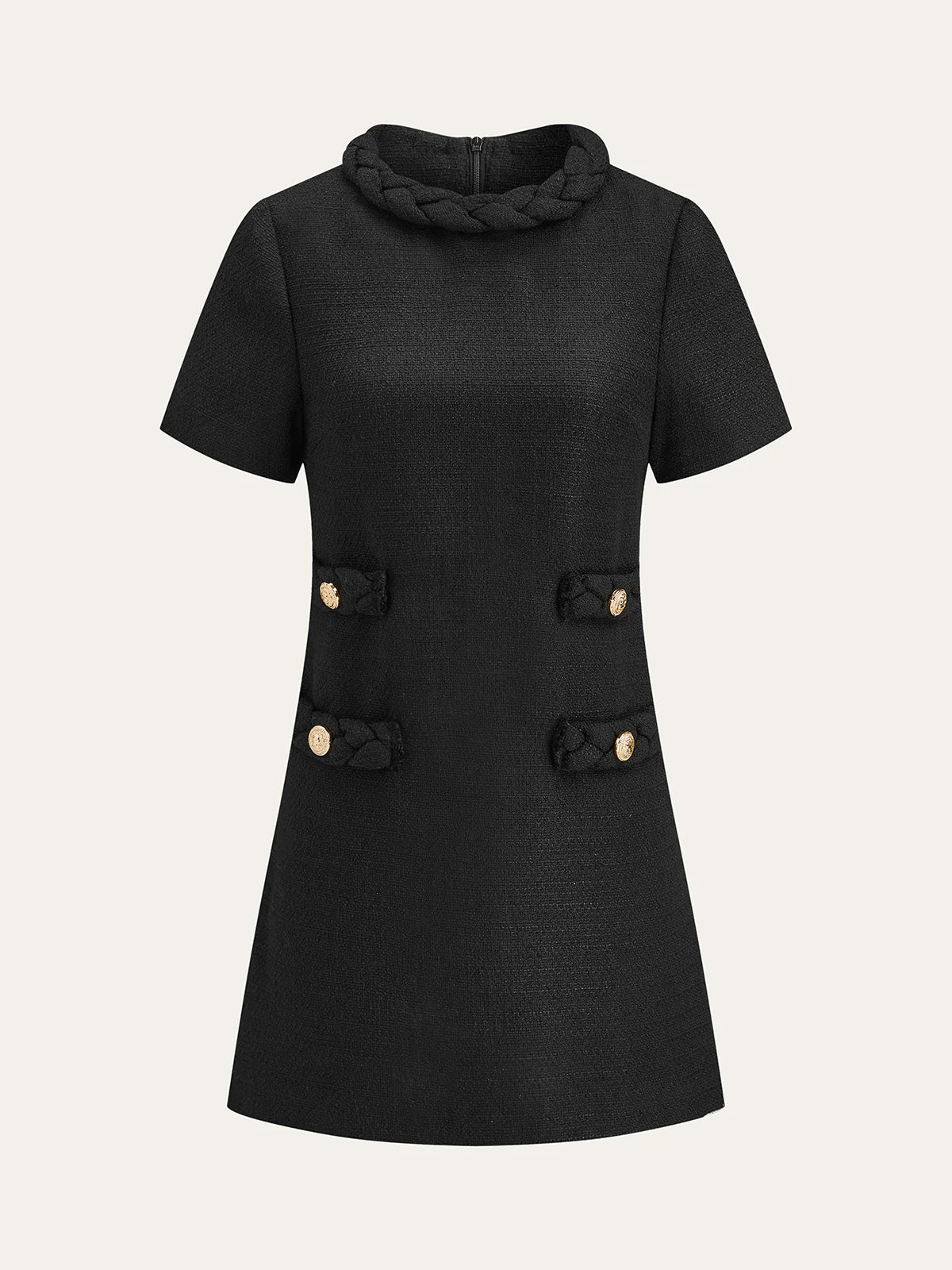 Tweed Braided Rope Collar Short Sleeve Dress