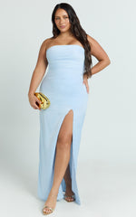 Camila Maxi Dress - Corset Panel Drape Matte Satin Dress in Blue