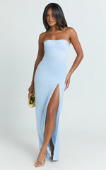 Camila Maxi Dress - Corset Panel Drape Matte Satin Dress in Blue