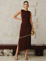 Asymmetric Fringe Metal Bead Detail Maxi Dress