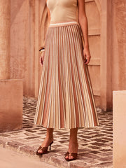 Color-Block Striped Pleated Midi Skirt