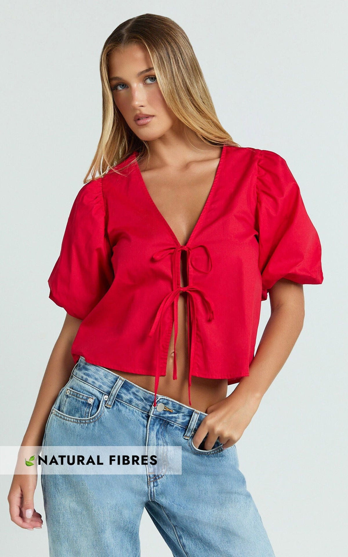 Dana Top - Bow Tie Front Puff Sleeve Blouse in Red