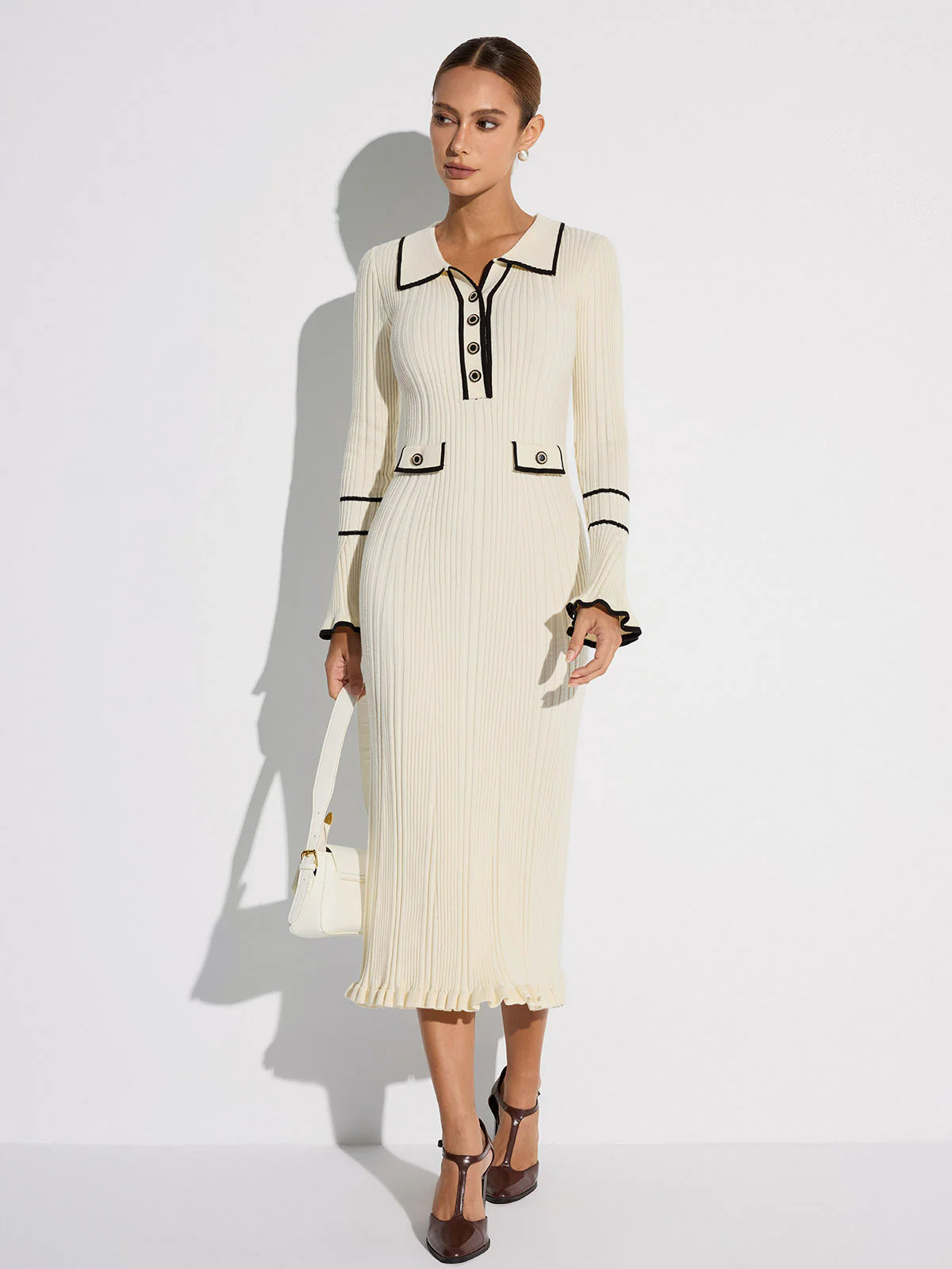 Contrast Trim Buttoned Ribbed Sweater Dress