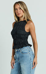 Aphrodite Top - Boat Neck Sleeveless Ruched Detail Top in Black