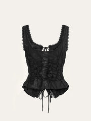 Semi-Sheer Lace-Trimmed Ruched Corset Top