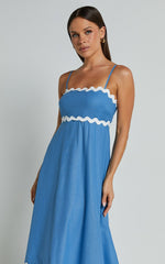 Moriseth Midi Dress - Linen Sleeveless Fit Flare Dress in Blue