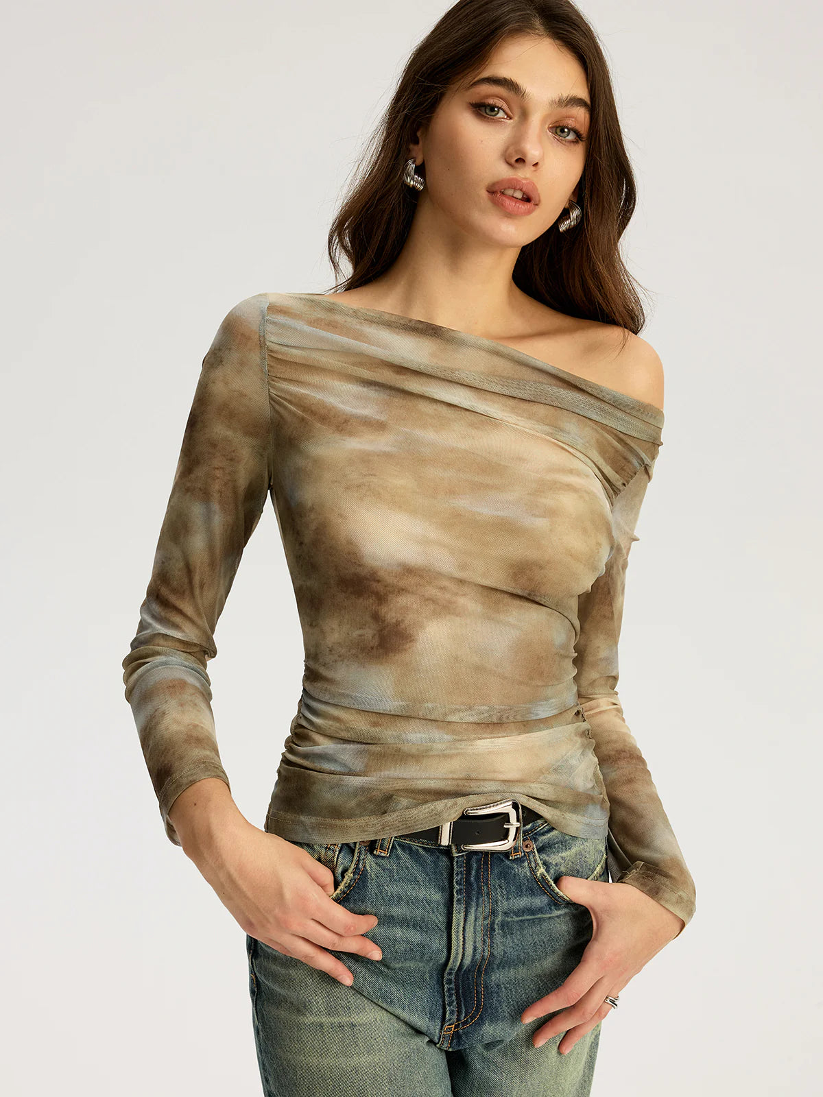 Tie Dye Print Off-shoulder Long Sleeve Top