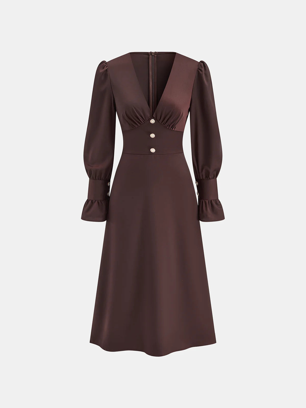 V-Neck Puff Sleeve Button Fitted Dress