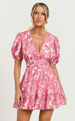 Adea Mini Dress - Plunge Puff Sleeve Tiered Dress in Pink Floral