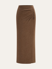 Ruched Side Button Wool Blend Sweater Skirt