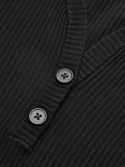 Button Placket Ribbed Knit Fitted V-Neck Top