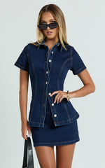 Paige Mini Skirt - High Waisted Denim Skirt in Dark Blue Wash